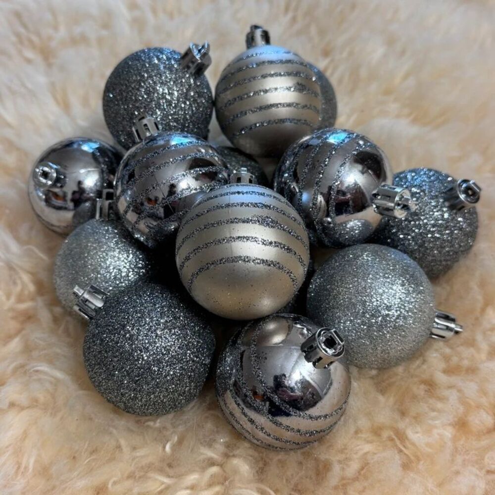 Lot of 18 Silver Christmas Ball Ornaments Shatterproof Plastic Mixed Textures